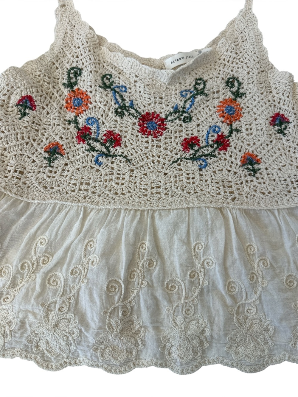 Altar'd State Floral Embroidered Crochet Peplum Top in Cream - Picture 6 of 9